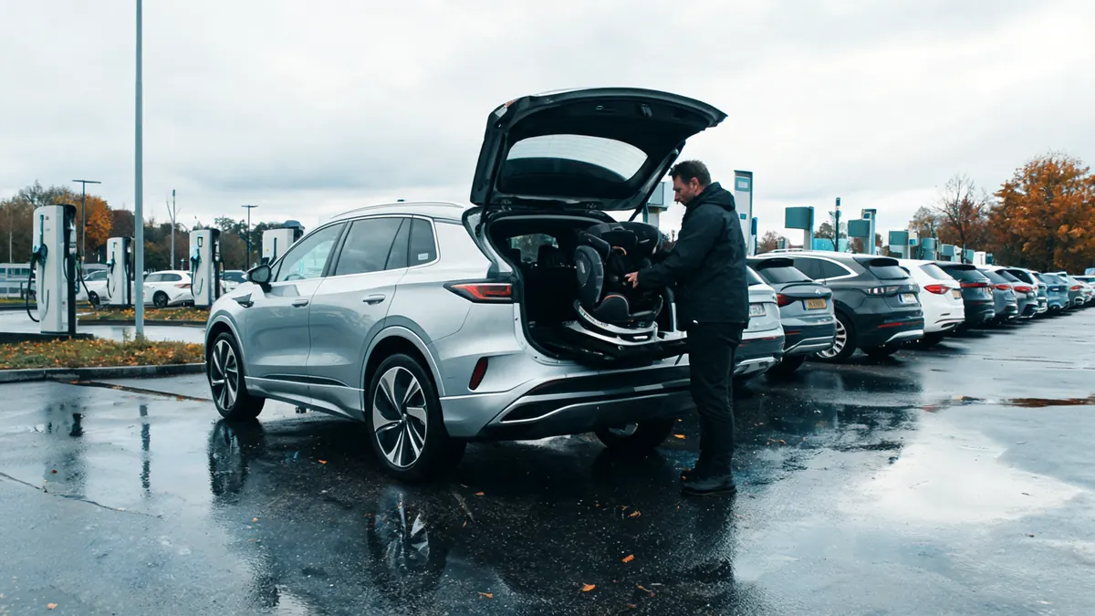Skoda Peaq als Elektro-SUV an einer Schnellladesäule, Familie lädt Gepäck aus dem Kofferraum